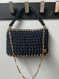 Navy woven handbag with taupe trim and gold chain